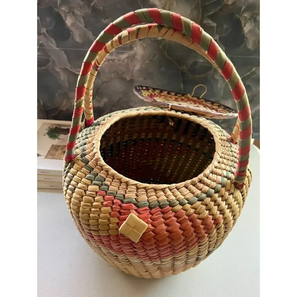 Handwoven Large Basket with Lid Double Handles